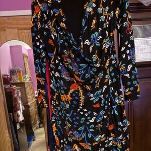 Desigual Black Multicolor Floral Surplice Faux Wrap Stretch Dress Sz XL fits M/L
